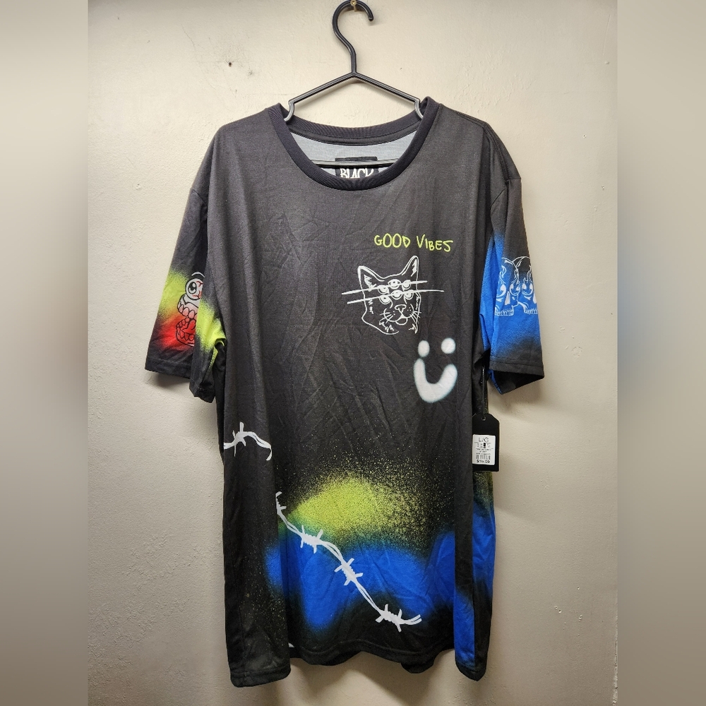 Urban black Graffiti skulls good vibes streetwear boxy top t-shirt mens large